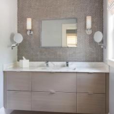 contemporary-taupe-bathroom-floating-washstand-brown-penny-tile-backsplash